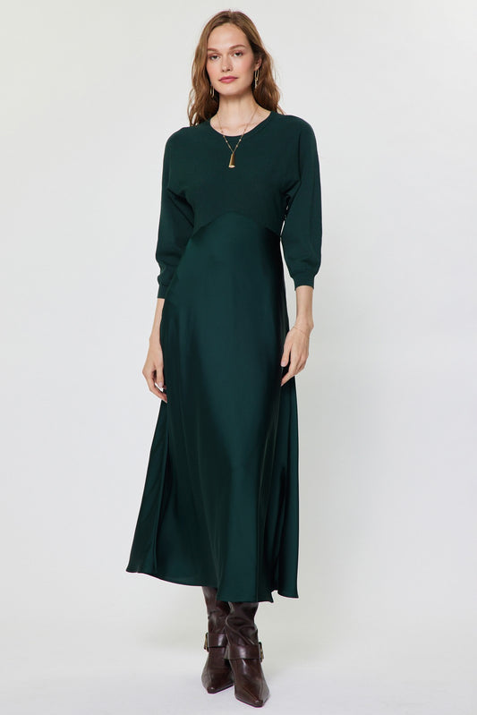 Satin Sweater Mixed Media Midi Dress