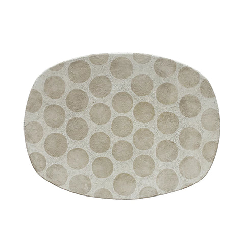 Serve up style in a unique way! This 16-1/2"x12-3/4" terra-cotta platter comes adorned with decorative wax relief dots, creating a unique look to make your dish stand out. Its white and cement color design is a fun and creative twist on traditional platters. Bon appetit!