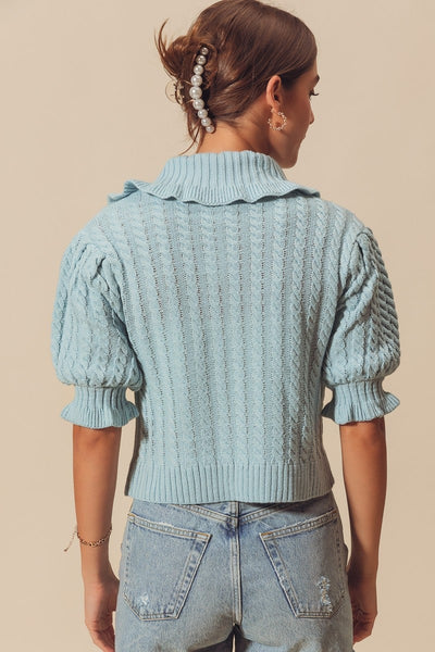 Collared Cable Knit Puff Sleeve Cardigan - Lulu Bella Boutique