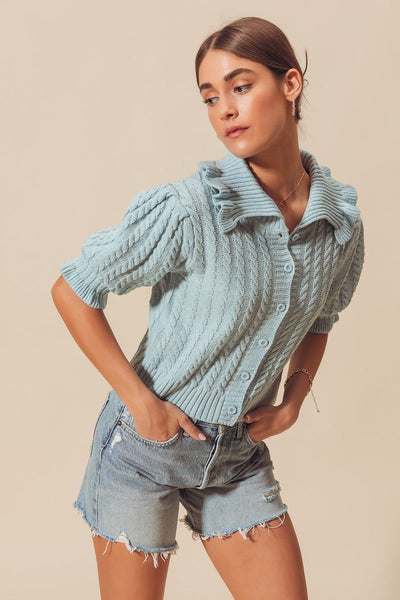 Collared Cable Knit Puff Sleeve Cardigan - Lulu Bella Boutique