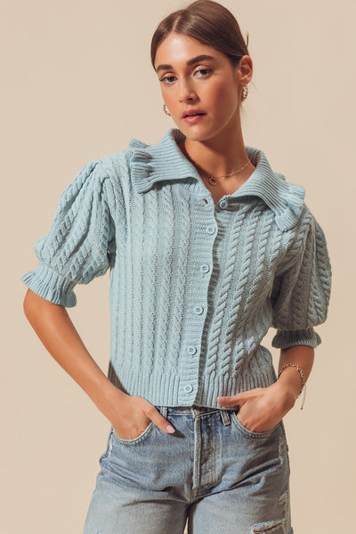 Collared Cable Knit Puff Sleeve Cardigan - Lulu Bella Boutique