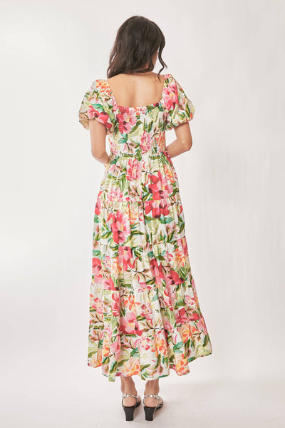 FLORAL SHORT PUFF SLEEVES SWEETHEART MAXI DRESS: WHITE RED / M - Lulu Bella Boutique