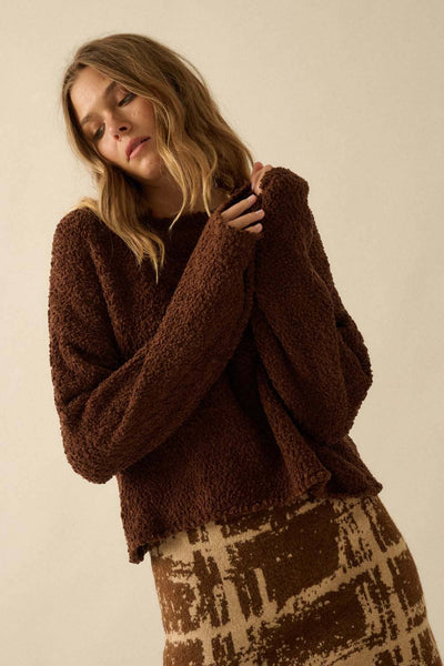 Popcorn-Knit Wide-Sleeve Boatneck Sweater: Chocolate / S - Lulu Bella Boutique