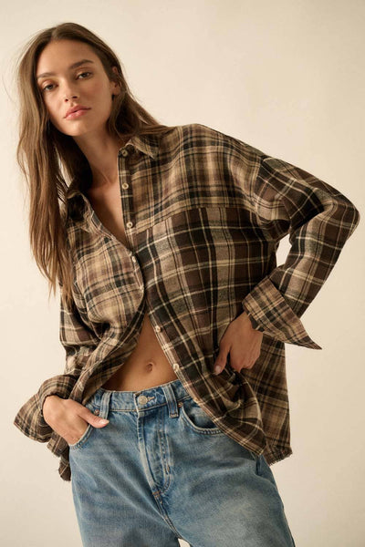 Colorblock Plaid Flannel Loose-Fit Button-Up Shirt: Brown - Lulu Bella Boutique