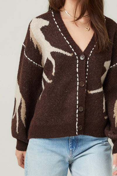 Fall Top Rated Knit Horse Cozy Cardigan: Brown / S/M - Lulu Bella Boutique