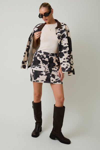 COW PRINT BARN JACKET: TAUPE-BROWN ANIMAL / S - Lulu Bella Boutique