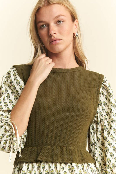 Floral Print Mixed Media Tiered Midi Dress : Olive / S - Lulu Bella Boutique