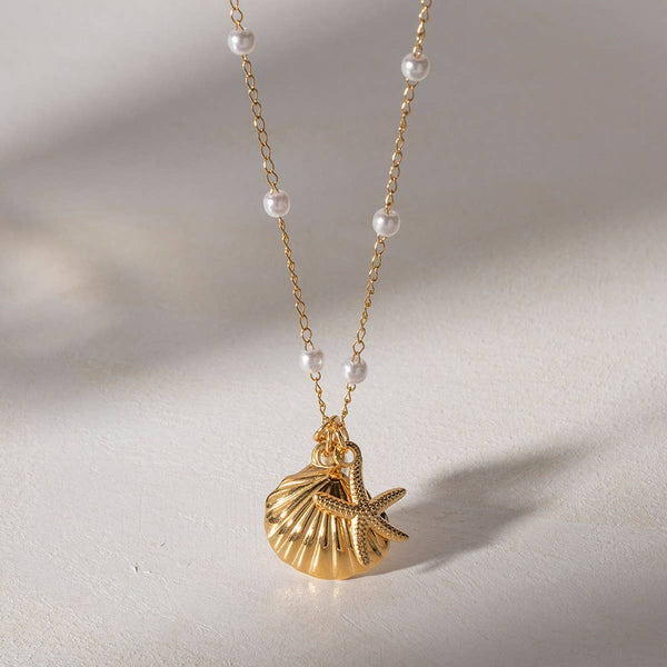 OCEAN SERIES PEARL STARFISH SHELL NECKLACE_CWAJE1366: GOLD / (OS) 2 - Lulu Bella Boutique