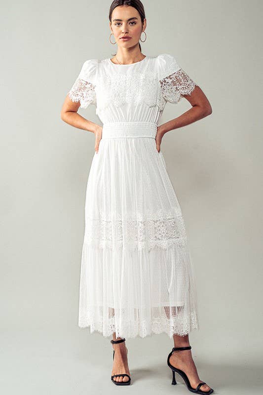 Lace Trim Cap Sleeve White Maxi Dress: Ivory L Lace Trim Cap Sleeve White Maxi Dress: Ivory L