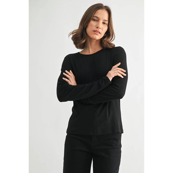 ROUND NECK LONG SLEEVE KNIT TOP: Black / S-M-L(2-2-2) - Lulu Bella Boutique