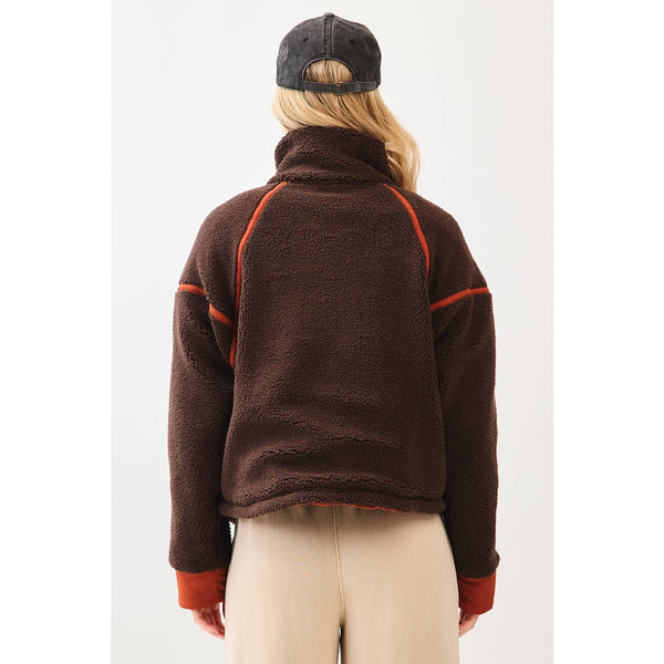 HALF ZIP CONTRAST DETAIL FLEECE SWEATSHIRT: BROWN / S-M-L(2-2-2) - Lulu Bella Boutique