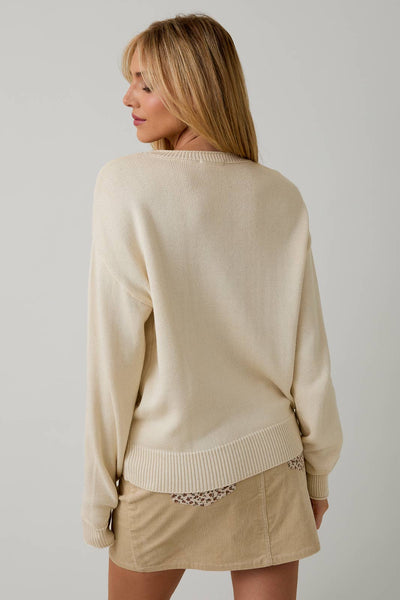 ROUND ROLL UP NECK & SLEEVE "DOG" GRAPHIC SWEATER TOP: CREAM / S - Lulu Bella Boutique