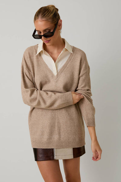 LONG SLEEVE SHIRT COLLAR LAYERED PULL OVER SWEATER TOP: OATMEAL / S - Lulu Bella Boutique