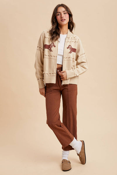 DACHSHUND ZIP UP CARDIGAN: OATMEAL CREME / L - Lulu Bella Boutique