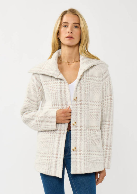 Plaid Button-Up Sweater Jacket: CREAM/TAUPE