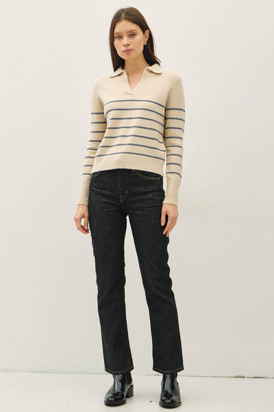 COLLARED V-NECK SWEATER WITH STRIPE: Blue / S - Lulu Bella Boutique