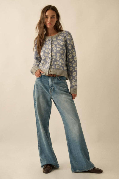 Leopard-Print Button-Front Cardigan: Retro Blue / S - Lulu Bella Boutique