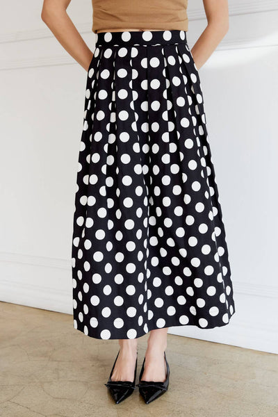 POLK DOT PLEATED CIRCLE MIDI SKIRT: BLACK-WHITE DOT / S - Lulu Bella Boutique