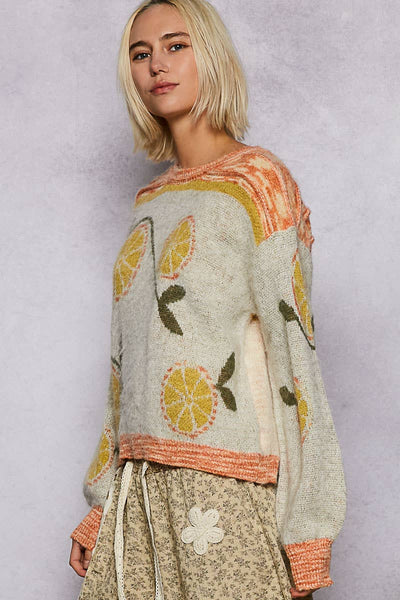 Long sleeve fruit motif pattern multi-colored sweater top: ORANGE/NATURAL MULTI / S - Lulu Bella Boutique