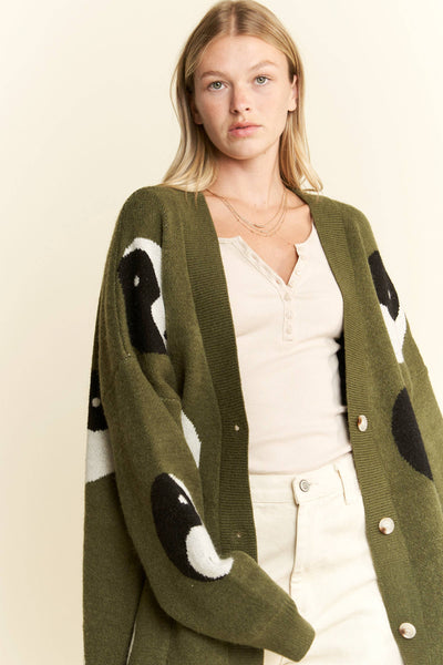 OVER SIZED YIN YANG CARDIGAN: OLIVE / S/M - Lulu Bella Boutique