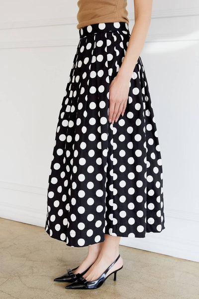 POLK DOT PLEATED CIRCLE MIDI SKIRT: BLACK-WHITE DOT / S - Lulu Bella Boutique