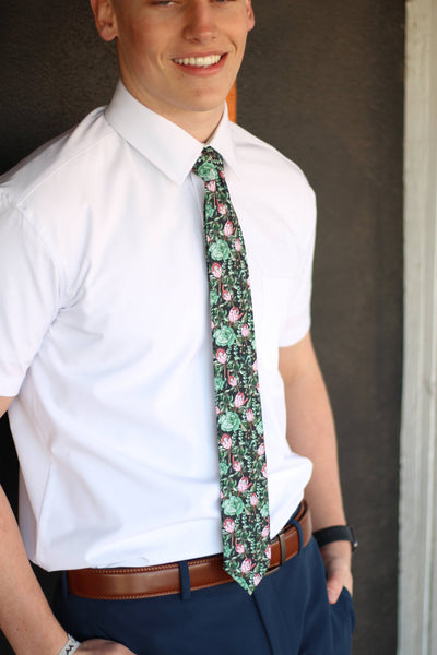 Sage - Black and Green Succulent Tie: 3.25" Standard Tie - Lulu Bella Boutique