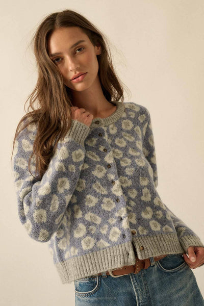 Leopard-Print Button-Front Cardigan: Retro Blue / S - Lulu Bella Boutique