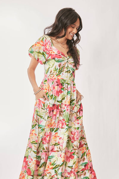 FLORAL SHORT PUFF SLEEVES SWEETHEART MAXI DRESS: WHITE RED / M - Lulu Bella Boutique
