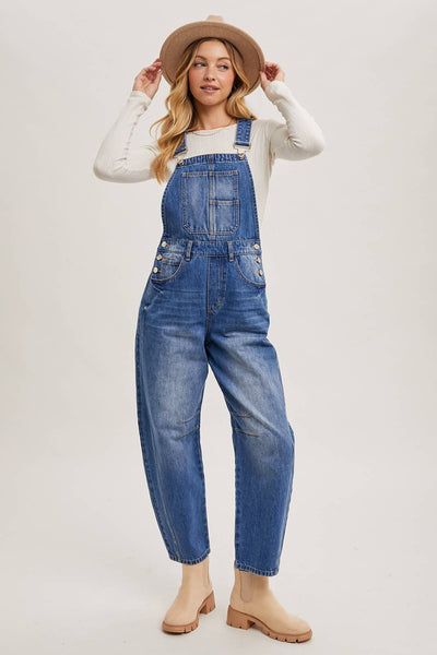 DENIM BARREL OVERALLS: MED.WASH / L - Lulu Bella Boutique