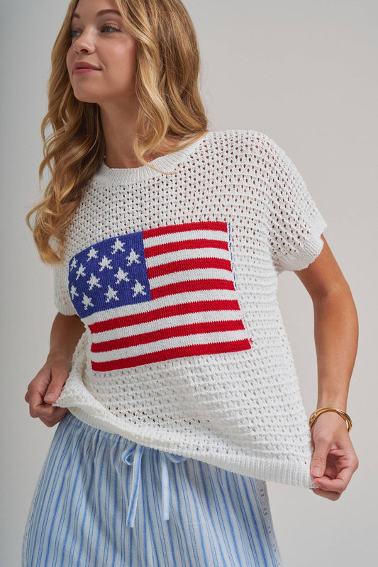 AMERICAN FLAG 4TH OF JULY LOW GAUGE SWEATER TOP: OFF WHITE / S-M-L(2-2-2) - Lulu Bella Boutique