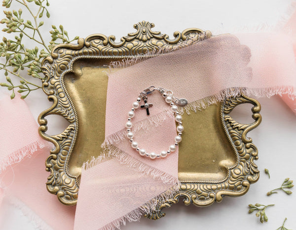 Girls Silver Baby Cross Bracelet Baptism & Communion Gift: Large 6-12 Years - Lulu Bella Boutique