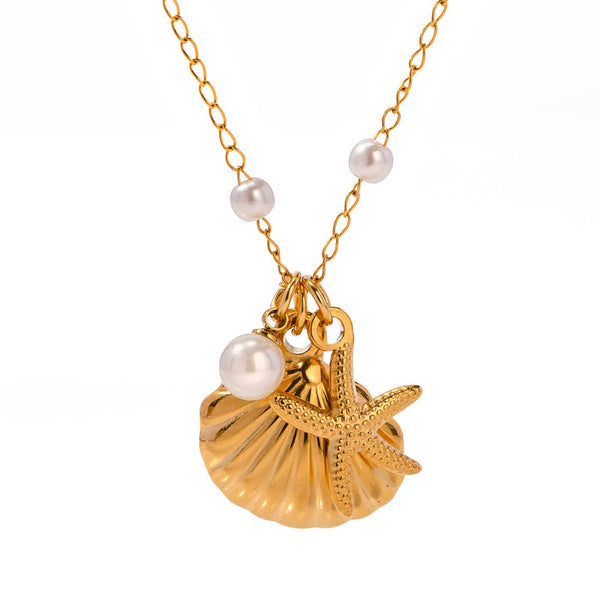 OCEAN SERIES PEARL STARFISH SHELL NECKLACE_CWAJE1366: GOLD / (OS) 2 - Lulu Bella Boutique