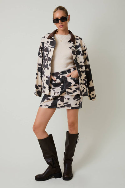 COW PRINT BARN JACKET: TAUPE-BROWN ANIMAL / S - Lulu Bella Boutique