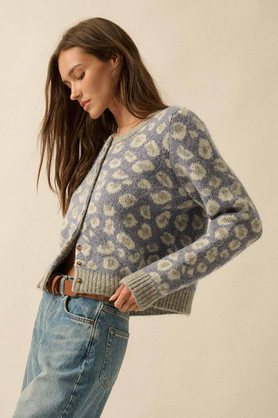Leopard-Print Button-Front Cardigan: Retro Blue / S - Lulu Bella Boutique