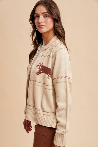DACHSHUND ZIP UP CARDIGAN: OATMEAL CREME / L - Lulu Bella Boutique