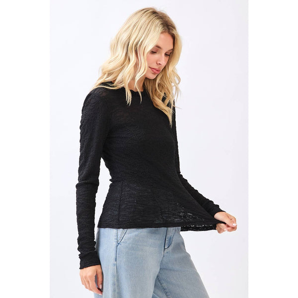 LACE LONG SLEEVE RUFFLE NECK LAYERING TOP: BLACK / S-M-L(2-2-2) - Lulu Bella Boutique