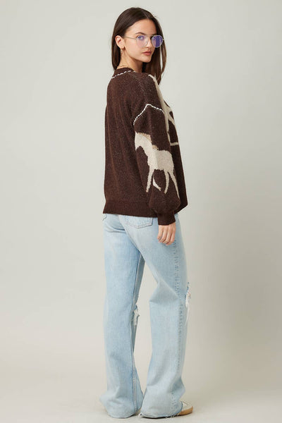 Fall Top Rated Knit Horse Cozy Cardigan: Brown / S/M - Lulu Bella Boutique