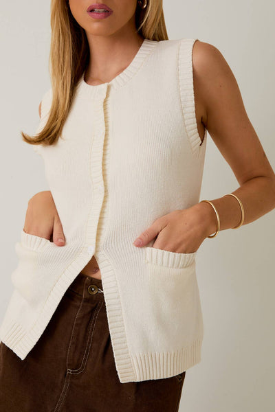 BUTTON DOWN KNIT VEST: White - Lulu Bella Boutique