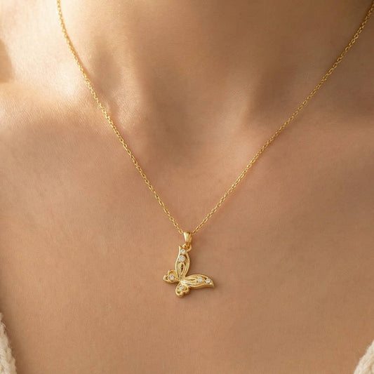 14K Gold Dipped Cz Butterfly Pendant Necklace: GD - Lulu Bella Boutique