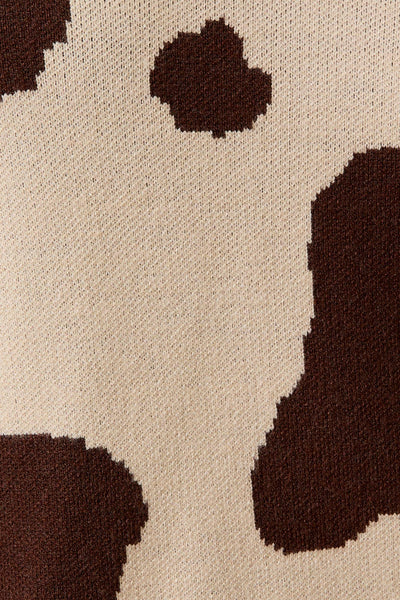 V-NECK LONG SLEEVE COW PATTERN SWEATER: CREAM-BROWN ANIMAL / L - Lulu Bella Boutique