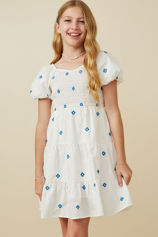Girls Floral Embroidered Puff Sleeve Square Neck Dress