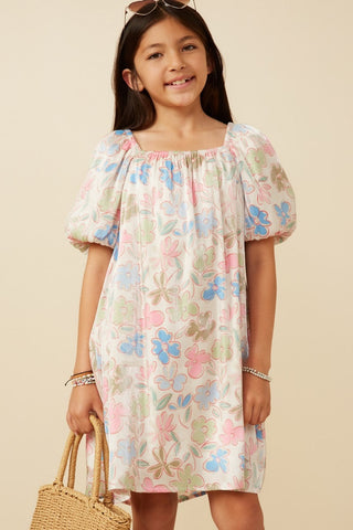 Girls Floral Puff Sleeve Foiled Dress