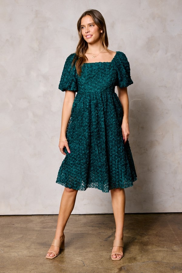 Flower Texture Puff Sleeve Dress in Emerald Green Xlarge Flower Texture Puff Sleeve Dress in Emerald Green Xlarge