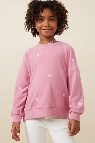 Girls Brushed Textured Floral Embroidered Sweatshirt