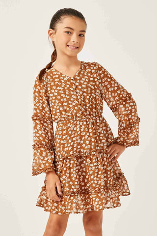 Girls Ruffled Floral Trumpet Sleeve Dress in Camel