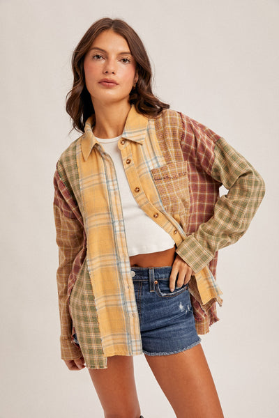 Mix Plaid Oversized Snow Wash Button Down Shirt - Lulu Bella Boutique