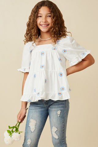 Girls All Over Daisy Embroidered Square Neck Top