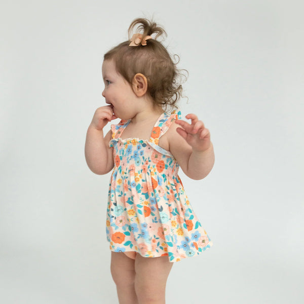 Ruffle Strap Smocked Top & Diaper Cover in Flower Cart