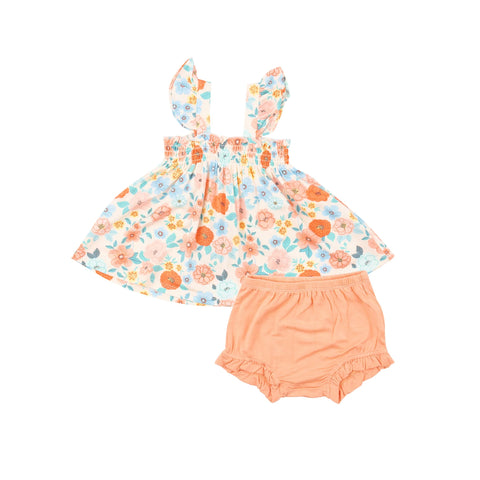 Ruffle Strap Smocked Top & Diaper Cover in Flower Cart