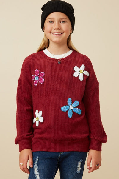 Girls Sequin Floral Patched Rib Knit Top - Lulu Bella Boutique